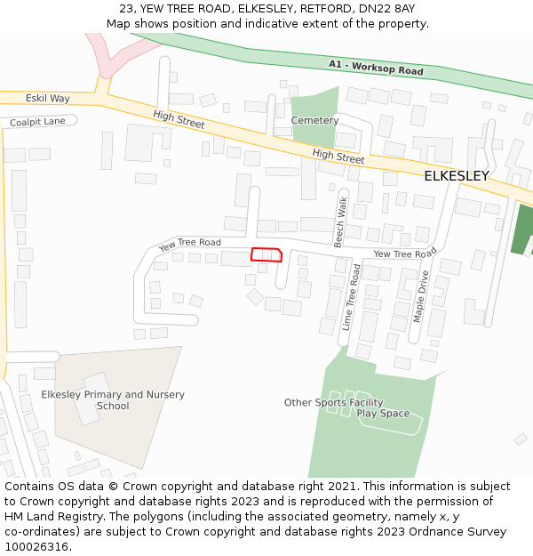 23, YEW TREE ROAD, ELKESLEY, RETFORD, DN22 8AY: Location map and indicative extent of plot