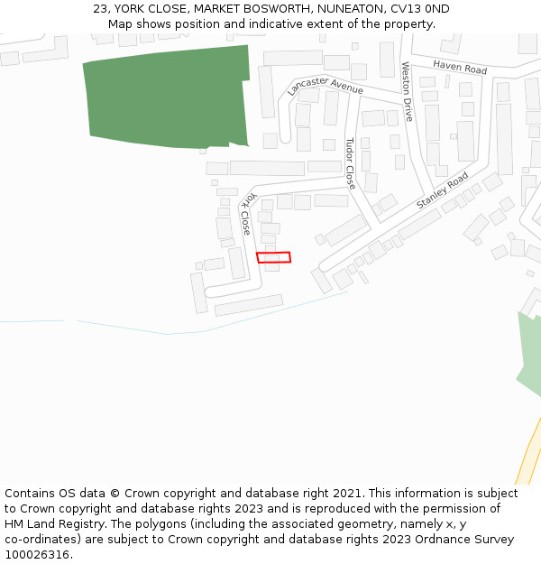 23, YORK CLOSE, MARKET BOSWORTH, NUNEATON, CV13 0ND: Location map and indicative extent of plot