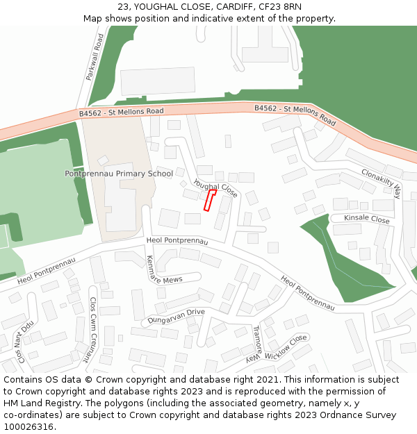 23, YOUGHAL CLOSE, CARDIFF, CF23 8RN: Location map and indicative extent of plot