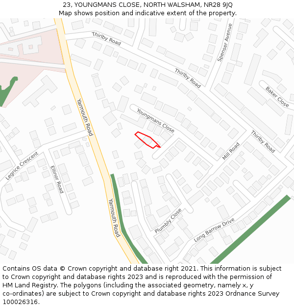 23, YOUNGMANS CLOSE, NORTH WALSHAM, NR28 9JQ: Location map and indicative extent of plot