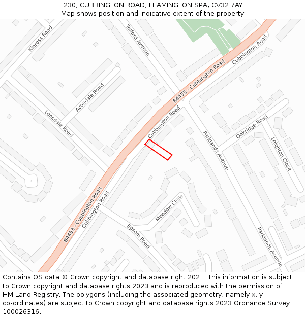 230, CUBBINGTON ROAD, LEAMINGTON SPA, CV32 7AY: Location map and indicative extent of plot