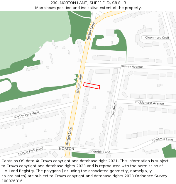 230, NORTON LANE, SHEFFIELD, S8 8HB: Location map and indicative extent of plot