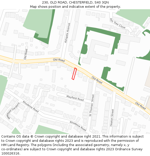 230, OLD ROAD, CHESTERFIELD, S40 3QN: Location map and indicative extent of plot