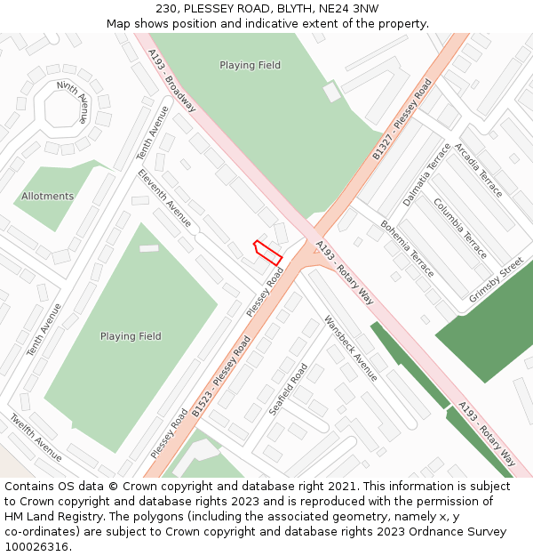 230, PLESSEY ROAD, BLYTH, NE24 3NW: Location map and indicative extent of plot