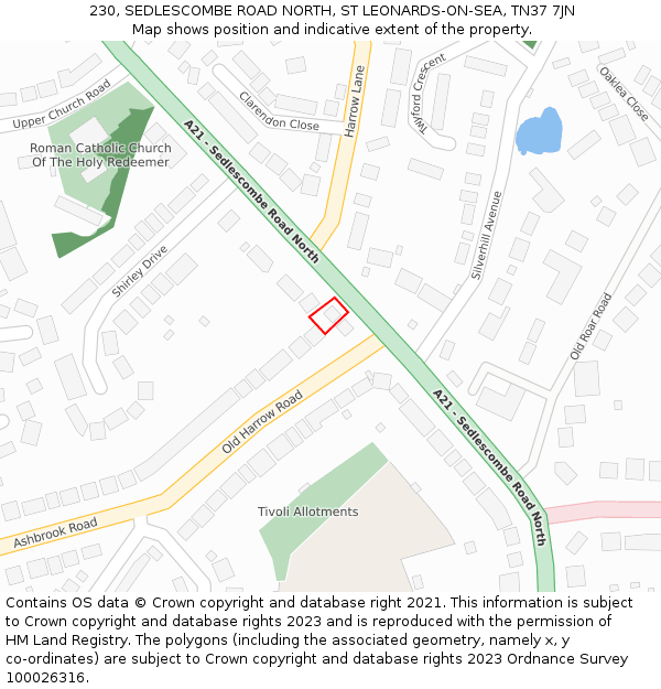 230, SEDLESCOMBE ROAD NORTH, ST LEONARDS-ON-SEA, TN37 7JN: Location map and indicative extent of plot