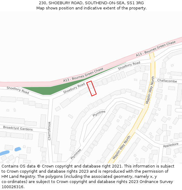 230, SHOEBURY ROAD, SOUTHEND-ON-SEA, SS1 3RG: Location map and indicative extent of plot