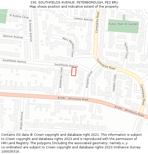 230, SOUTHFIELDS AVENUE, PETERBOROUGH, PE2 8RU: Location map and indicative extent of plot