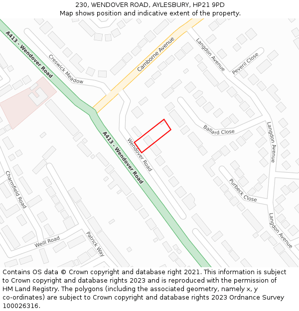 230, WENDOVER ROAD, AYLESBURY, HP21 9PD: Location map and indicative extent of plot