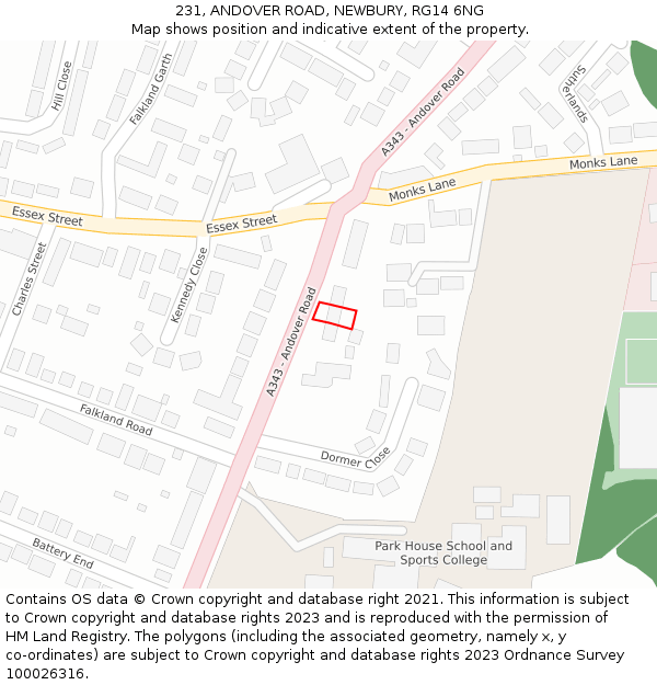 231, ANDOVER ROAD, NEWBURY, RG14 6NG: Location map and indicative extent of plot