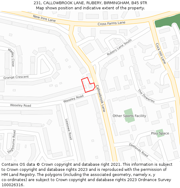 231, CALLOWBROOK LANE, RUBERY, BIRMINGHAM, B45 9TR: Location map and indicative extent of plot