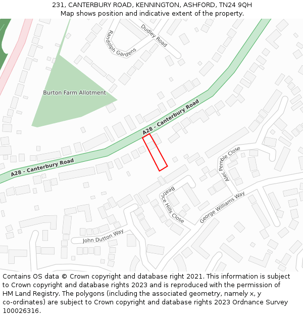 231, CANTERBURY ROAD, KENNINGTON, ASHFORD, TN24 9QH: Location map and indicative extent of plot