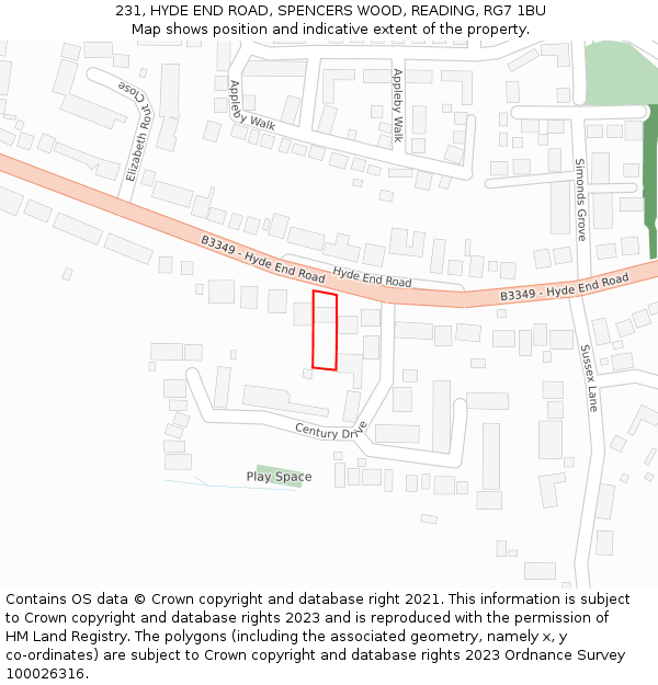 231, HYDE END ROAD, SPENCERS WOOD, READING, RG7 1BU: Location map and indicative extent of plot