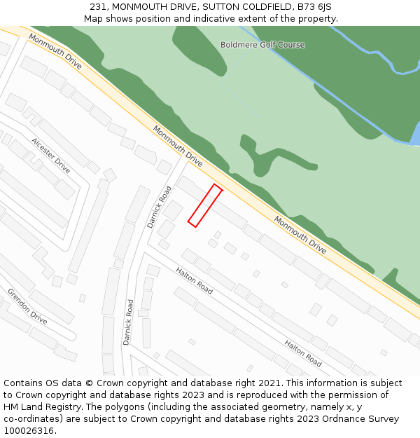 231, MONMOUTH DRIVE, SUTTON COLDFIELD, B73 6JS: Location map and indicative extent of plot