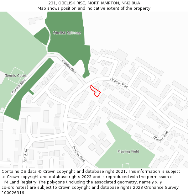 231, OBELISK RISE, NORTHAMPTON, NN2 8UA: Location map and indicative extent of plot