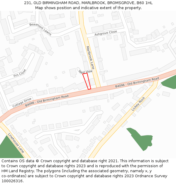 231, OLD BIRMINGHAM ROAD, MARLBROOK, BROMSGROVE, B60 1HL: Location map and indicative extent of plot