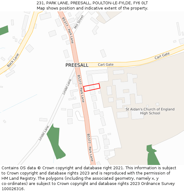 231, PARK LANE, PREESALL, POULTON-LE-FYLDE, FY6 0LT: Location map and indicative extent of plot