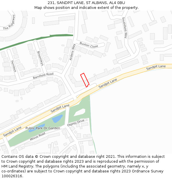 231, SANDPIT LANE, ST ALBANS, AL4 0BU: Location map and indicative extent of plot