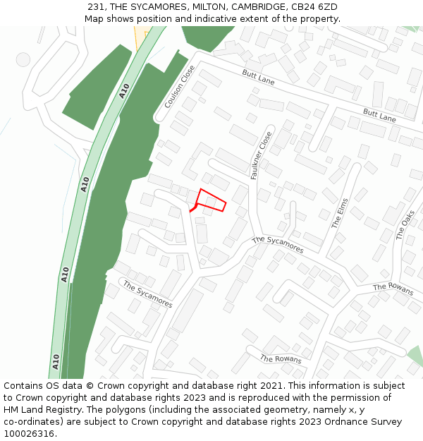 231, THE SYCAMORES, MILTON, CAMBRIDGE, CB24 6ZD: Location map and indicative extent of plot