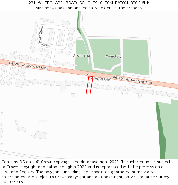 231, WHITECHAPEL ROAD, SCHOLES, CLECKHEATON, BD19 6HN: Location map and indicative extent of plot