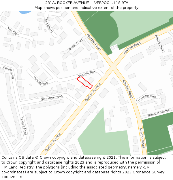 231A, BOOKER AVENUE, LIVERPOOL, L18 9TA: Location map and indicative extent of plot