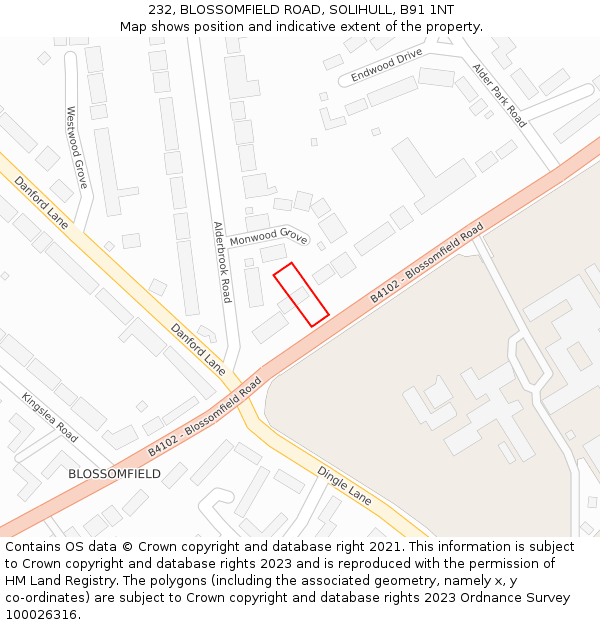 232, BLOSSOMFIELD ROAD, SOLIHULL, B91 1NT: Location map and indicative extent of plot