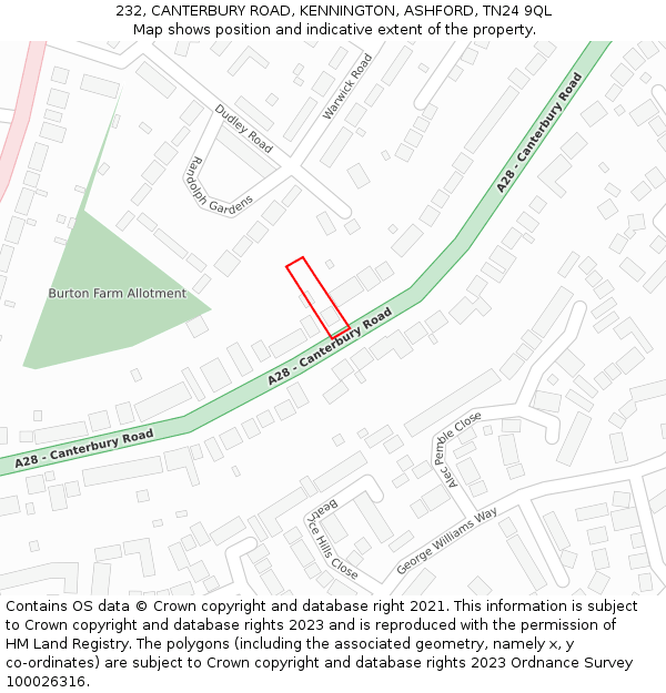 232, CANTERBURY ROAD, KENNINGTON, ASHFORD, TN24 9QL: Location map and indicative extent of plot