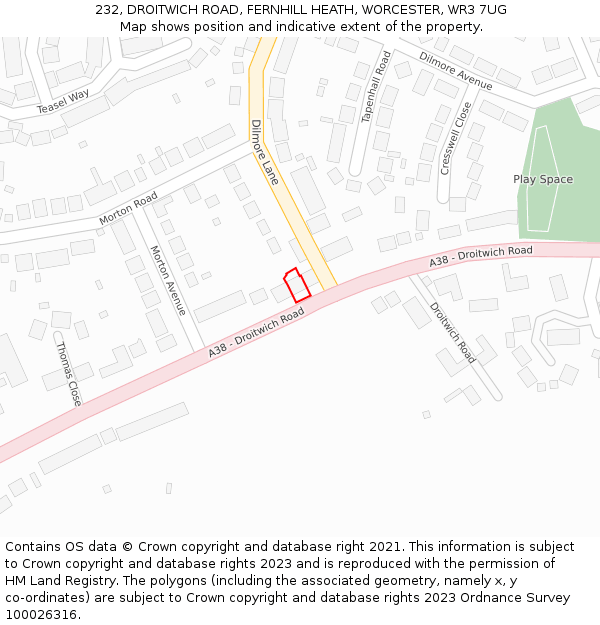 232, DROITWICH ROAD, FERNHILL HEATH, WORCESTER, WR3 7UG: Location map and indicative extent of plot