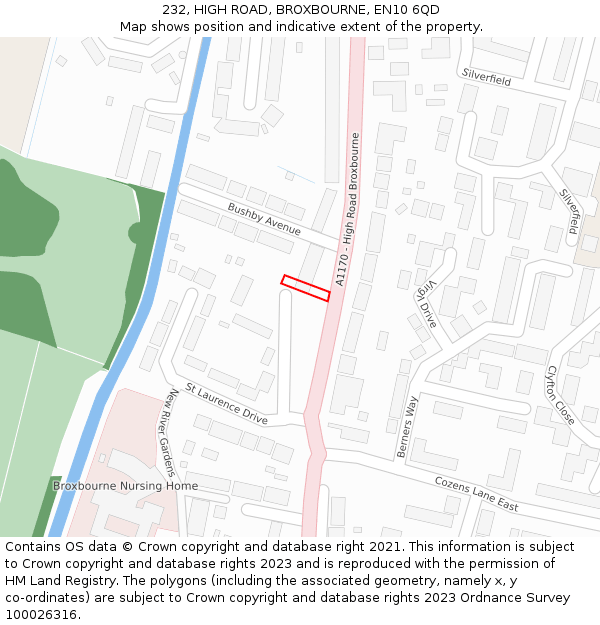 232, HIGH ROAD, BROXBOURNE, EN10 6QD: Location map and indicative extent of plot