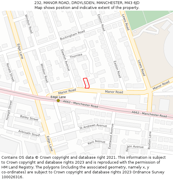 232, MANOR ROAD, DROYLSDEN, MANCHESTER, M43 6JD: Location map and indicative extent of plot