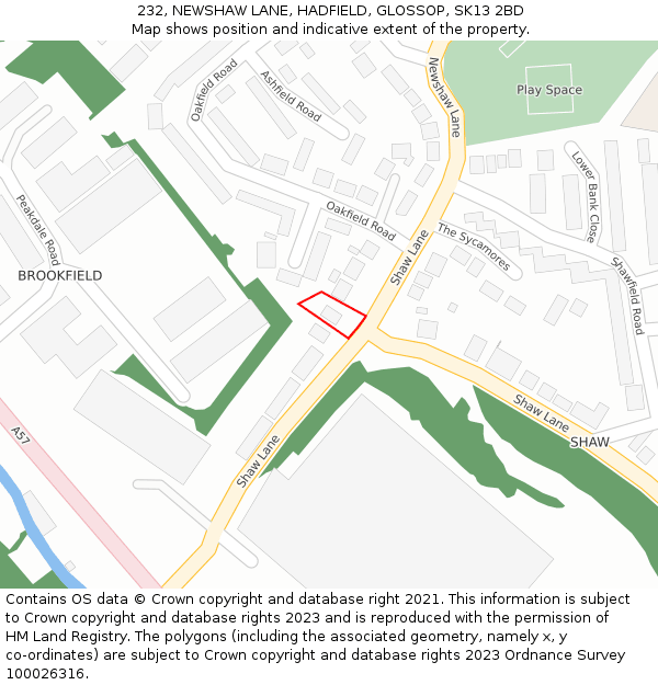 232, NEWSHAW LANE, HADFIELD, GLOSSOP, SK13 2BD: Location map and indicative extent of plot