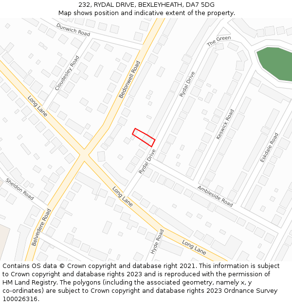 232, RYDAL DRIVE, BEXLEYHEATH, DA7 5DG: Location map and indicative extent of plot