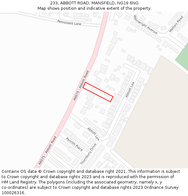233, ABBOTT ROAD, MANSFIELD, NG19 6NG: Location map and indicative extent of plot