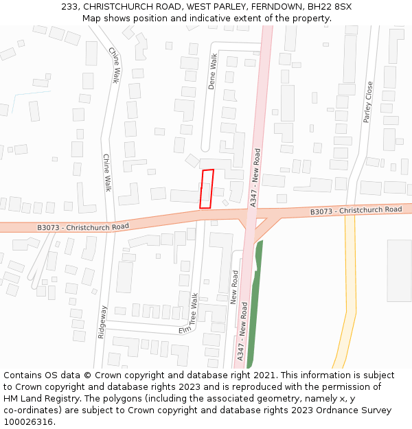 233, CHRISTCHURCH ROAD, WEST PARLEY, FERNDOWN, BH22 8SX: Location map and indicative extent of plot