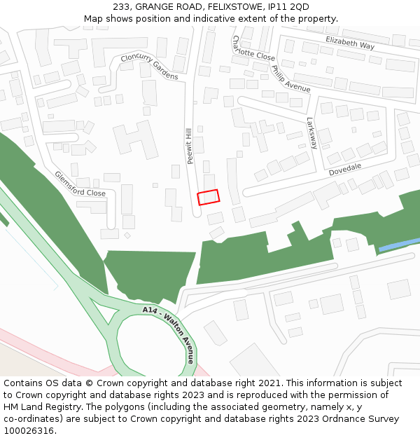 233, GRANGE ROAD, FELIXSTOWE, IP11 2QD: Location map and indicative extent of plot