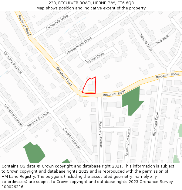 233, RECULVER ROAD, HERNE BAY, CT6 6QR: Location map and indicative extent of plot