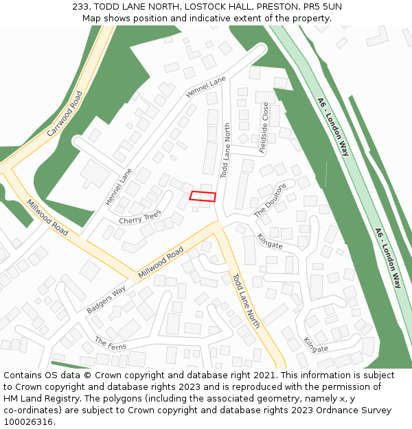 233, TODD LANE NORTH, LOSTOCK HALL, PRESTON, PR5 5UN: Location map and indicative extent of plot