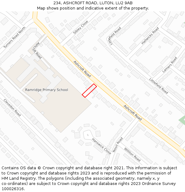 234, ASHCROFT ROAD, LUTON, LU2 9AB: Location map and indicative extent of plot