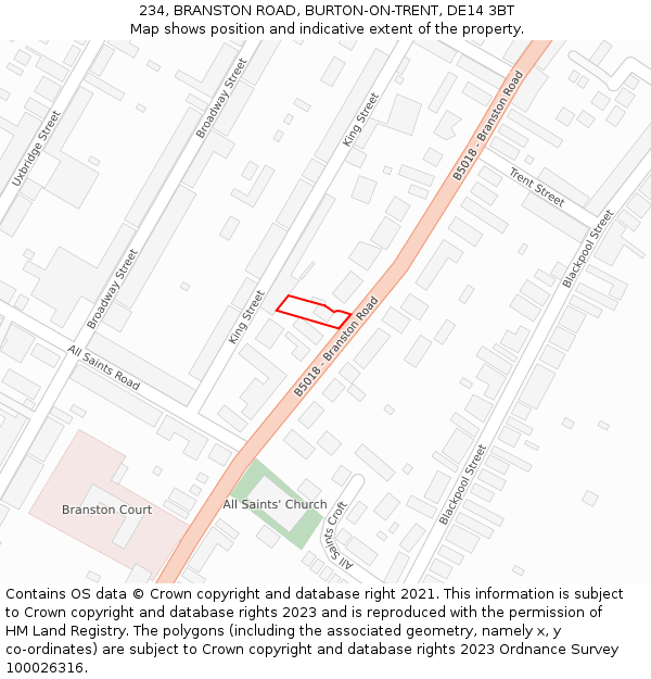 234, BRANSTON ROAD, BURTON-ON-TRENT, DE14 3BT: Location map and indicative extent of plot