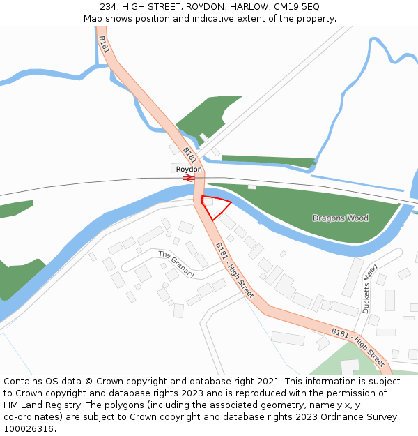 234, HIGH STREET, ROYDON, HARLOW, CM19 5EQ: Location map and indicative extent of plot