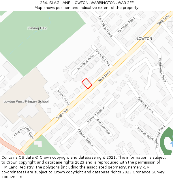 234, SLAG LANE, LOWTON, WARRINGTON, WA3 2EF: Location map and indicative extent of plot