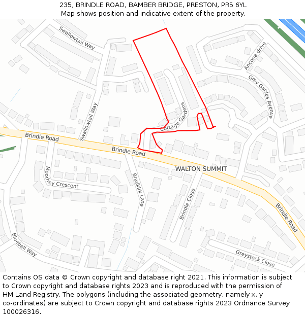 235, BRINDLE ROAD, BAMBER BRIDGE, PRESTON, PR5 6YL: Location map and indicative extent of plot