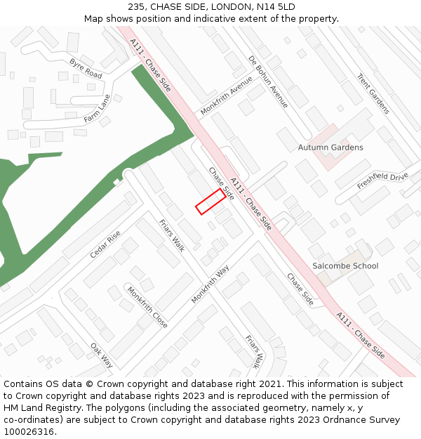 235, CHASE SIDE, LONDON, N14 5LD: Location map and indicative extent of plot