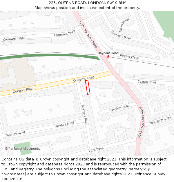 235, QUEENS ROAD, LONDON, SW19 8NY: Location map and indicative extent of plot