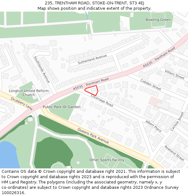 235, TRENTHAM ROAD, STOKE-ON-TRENT, ST3 4EJ: Location map and indicative extent of plot