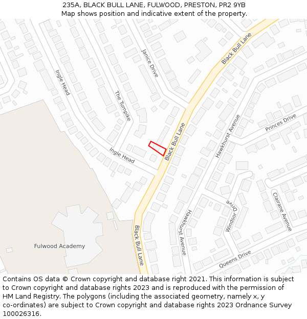 235A, BLACK BULL LANE, FULWOOD, PRESTON, PR2 9YB: Location map and indicative extent of plot