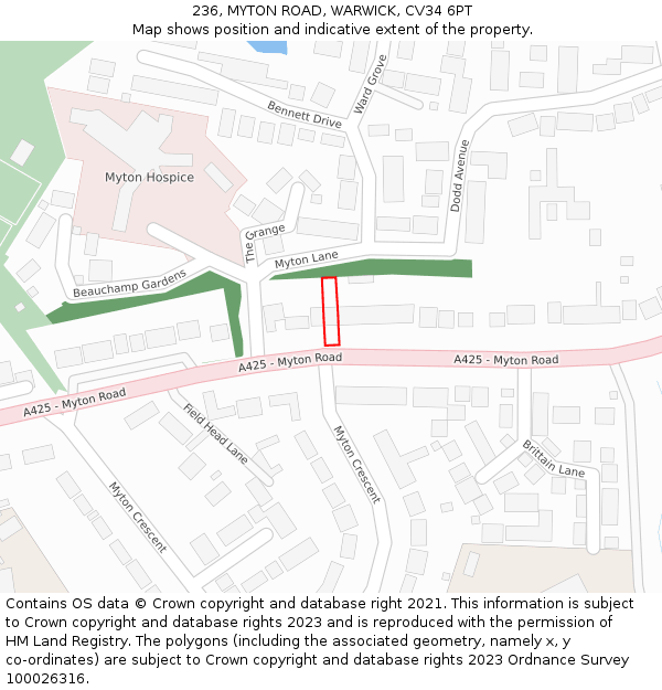 236, MYTON ROAD, WARWICK, CV34 6PT: Location map and indicative extent of plot