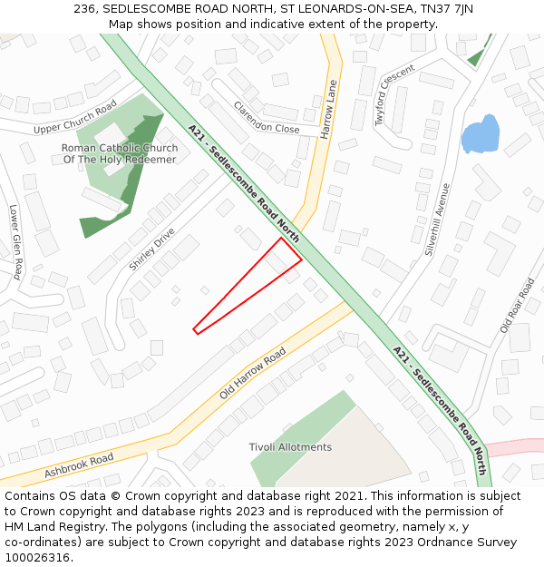 236, SEDLESCOMBE ROAD NORTH, ST LEONARDS-ON-SEA, TN37 7JN: Location map and indicative extent of plot