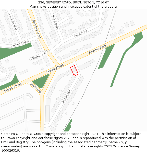 236, SEWERBY ROAD, BRIDLINGTON, YO16 6TJ: Location map and indicative extent of plot