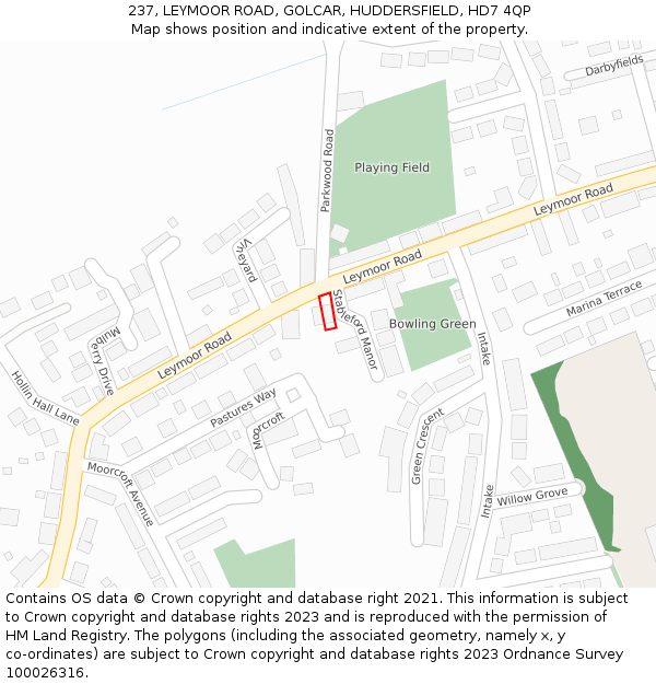 237, LEYMOOR ROAD, GOLCAR, HUDDERSFIELD, HD7 4QP: Location map and indicative extent of plot