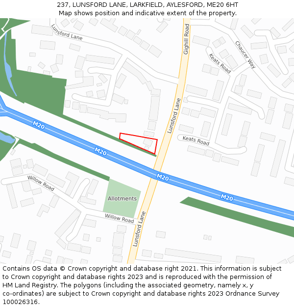 237, LUNSFORD LANE, LARKFIELD, AYLESFORD, ME20 6HT: Location map and indicative extent of plot